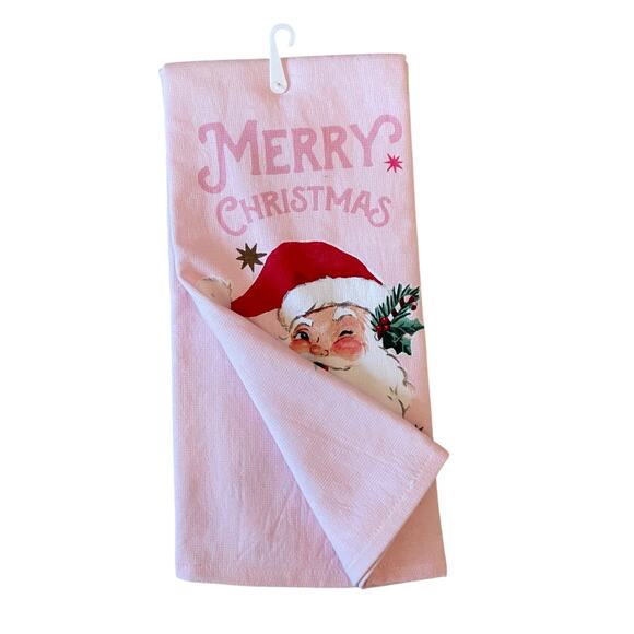 Set of 2  Pink Santa Christmas Kitchen Towels 18x28 Cotton Reto Holiday New - Picture 6 of 12